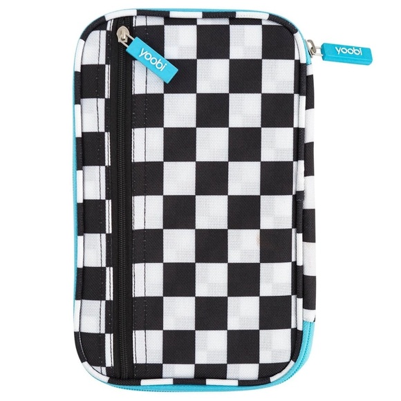 Yoobi Peace Sign Denim Checkerboard Organizer Pencil Case 7 Pocket Zip Around - Picture 9 of 15